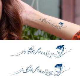 Oottati 2 Sheets Tiny Fake Semi Permanent Waterproof Temporary Tattoos Stickers 100% Plant-Based Ink Realistic English Inspirational Quotes Words Be fearless Dolphin