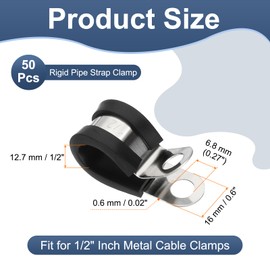 PATIKIL 1/2 Inch Cable Clamps, 50 Pcs 304 Stainless Steel Conduit Clamp Cable Rigid Pipe Strap Metal Rubber Clips for Pipes Wire Line Hose Bracket Tube Holder, Black (12.7mm)