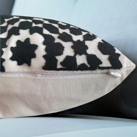 2PCS Pack Decorative Embroidered Summer Lumbar Pillow Cover 12"x20", Black Mina Trellis Sofa Throw Pillow Pattern, Cotton Canvas Bolster Cushion Case for Bed Couch Living Room Decor(Black and White)