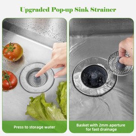 2 Pack Kitchen Sink Drain Strainer Stopper, Stainless Steel Wrapped Pop Up Sink Stopper Strainer Basket for Standard 3-1/2 Inch Kitchen Sink, 3-in-1 Sink Drain Stopper with Metal Strainer, Chrome