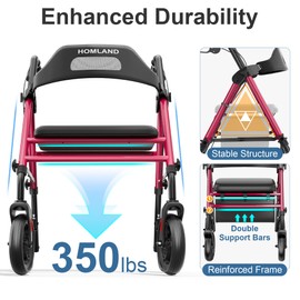 HOMLAND Foldable Rollator Walkers with Seat for Seniors, 8'' Big Wheels, 350 lb. Weight Capacity, Adjustable Handles and Seat Height, Lightweight Rolling Walker, Red