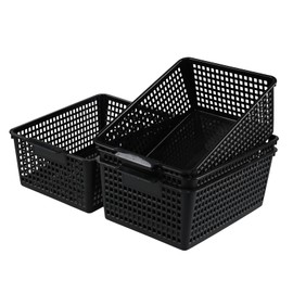 Waikhomes Plastic Storage Baskets for Organizing, Pack of 4 (Black)