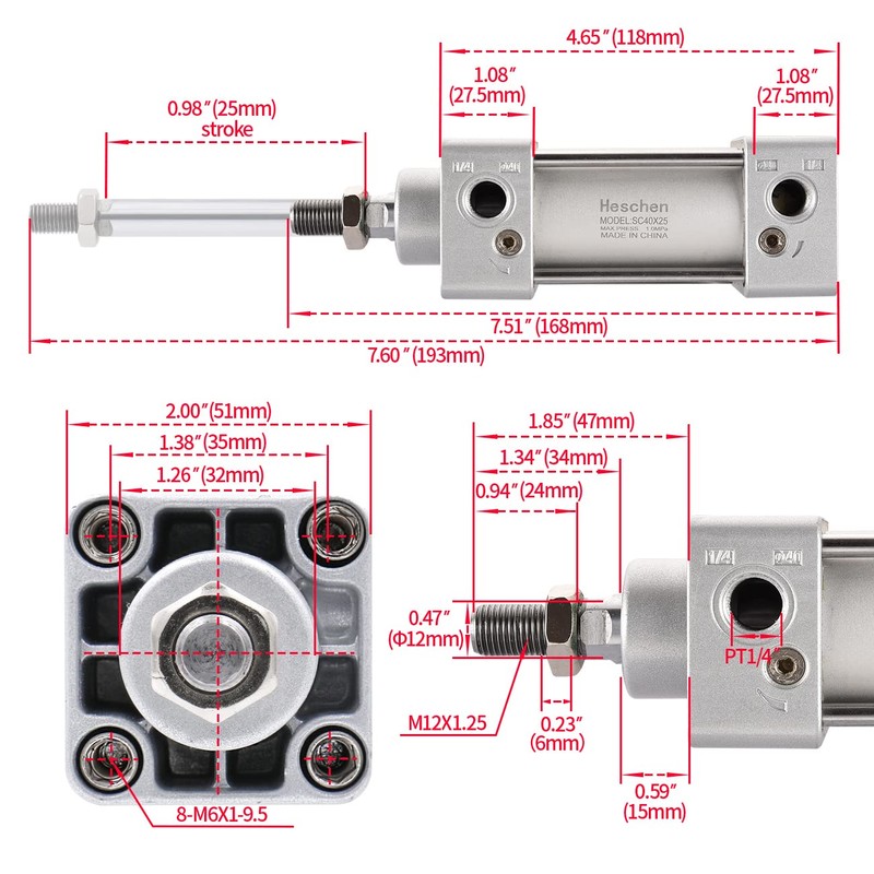 Heschen Pneumatic Standard Air Pressure Cylinder, SC 40-25, PT1/4 Connection,