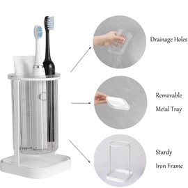 Toothbrush Holders with Drain Tray, Hanging Toothbrush and Toothpaste Holder Organizer Bathroom Caddy Countertop for Toothpaste, Razors, Electric Toothbrush - Clear