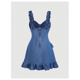 WDIRARA Women's Tie Front Ruffle Denim Cami Dress Frill Trim Sleeveless Short Dress Medium Wash Large