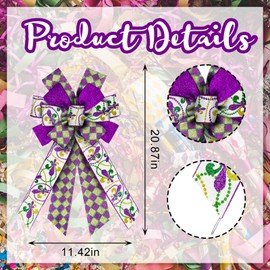 Hying Large Mardi Gras Bows for Wreath, Mardi Gras Fleur de Lis Wreath Bows Glitter Purple Grid Bows Fat Tuesday Tree Bows Ornaments for Front Door Home New Orleans Carnival Decorations