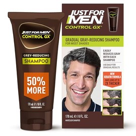 Just for Men Control GX - Champú reductor gris, color gradual del cabello con queratina para un cabello más fuerte, grueso y saludable, 6 onzas líquid