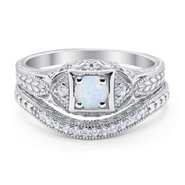 Blue Apple Co. Art Deco Vintage Style Two Piece Wedding Engagement Bridal Set Ring Band Round CZ 925 Sterling Silver Choose Color, gemstone, Created Opal,