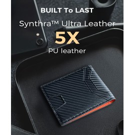7worldlet Slim RFID Blocking Wallets for Men Synthra™ Ultra Leather Bifold Minimalist Wallet 11 Cord Holder Thin Mens Wallet with Gift Box (Black+Oranger)