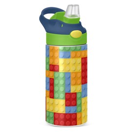 Kigai Small Water Bottle for Kid 12oz Building Blocks Insulated Bottle with Straw Lid Stainless Steel Tumbler Vacuum Cup Thermal Bottles
