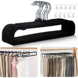 Velvet Hangers Non Slip - 20 Pack Pants Hangers for Closet - Thin Space Saving Clothes Hanger - Strong, Durable, Jean Perchas with 360 Degree Rotatable Hook for Tank Top (Black Silver Hook)