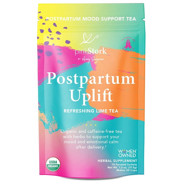 Pink Stork Postpartum Uplift: Refreshing Lime Postpartum Mood Tea + USDA Organic + Licorice Root + Chamomile + Lavender, Supports Hormones + Emotions + Mood, Women-Owned, 30 Cups