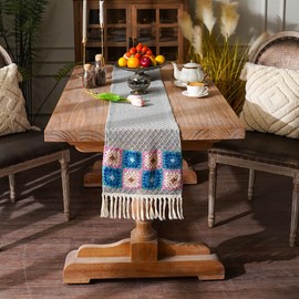 SUTAVIA - Camino de mesa de encaje de algodón natural con bordado floral negro, borla de macramé beige, decoración de granja para el hogar, mesa de comedor, fiesta de día festivo (gris azul, 12 x 96