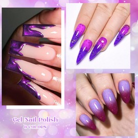 MEET ACROSS Gel Nail Polish Set, 8 Colors, UV/LED Soak Off (Purple-2, 8pcs)