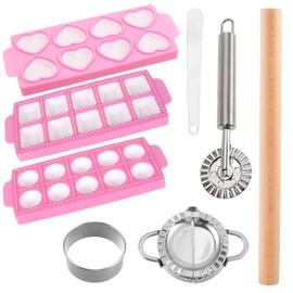 Krbnk Ravioli Mold Maker Kit - 3 Rectangle Ravioli Press + Dumpling/Pasta Cutter, Round Ravioli Cutter, Rolling Wheel, Dough Rolling Pin - Complete Pasta Making Tools for Ravioli Empanada