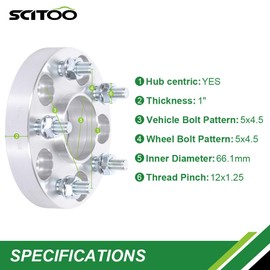 SCITOO 4Pcs 5x4.5 Wheel Spacers 1 inch Thread Pitch 12x1.25 Hub Bore 66.1mm 5 Lug Wheel Spacers Fit for QX55 QX50 Q60 Q50 QX70 QX60 Q70L Q70 Q40 M56 M37 JX35 G37 FX50 FX37 EX37 G25