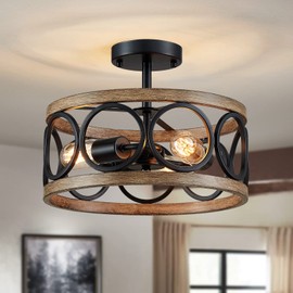 XINGQI 3-Light Farmhouse Ceiling Light 13” Modern Drum Semi Flush Mount Ceiling Light Fixture Rustic Round Metal Shade with Black & Wood Grain Finish for Living Dining Room Bedroom