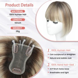 Lasunork Hair Toppers for Women Human Hair Topper Clip in Fringe Hand-woven Swiss Base Hair Topper (Ombre Light Brown with Blond Highlight)