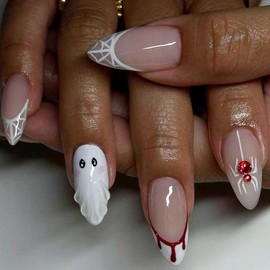 24Pcs Spider Web Press on Nails Medium Almond French Tip Fake Nails Horror Bloody Drop Full Cover Tip Glue on Nails Artificial Reusable Cute Ghost False Nails Stick on Nail for Women Acrylic DIY