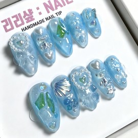 Blue Love Gel Handmade Nail Tips - Short Nose Pin / 블루 러브쉘 수제네일팁 - 숏코핀