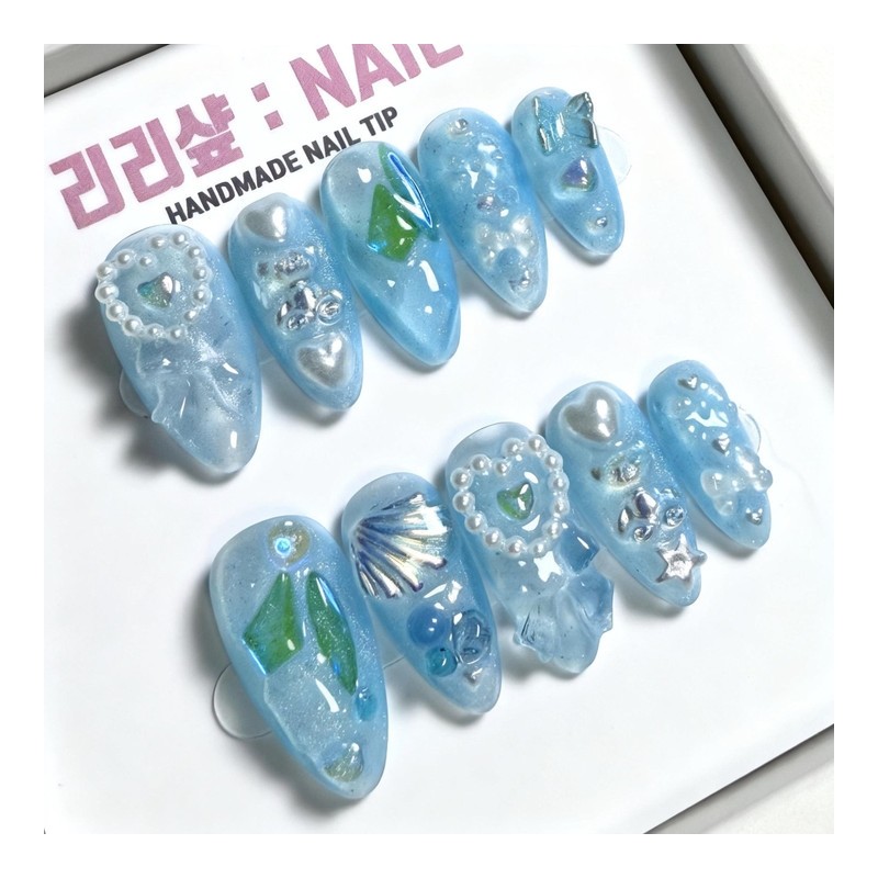 Blue Love Gel Handmade Nail Tips - Short Nose Pin