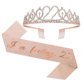 UVATAHONA 22nd Birthday Sash and Tiara for Girl, I'm feeling 22 Sash and 22 Crown, Happy 22nd Birthday Gifts for Girls Kids Party Favors Supplies and Decorations, Rose Gold