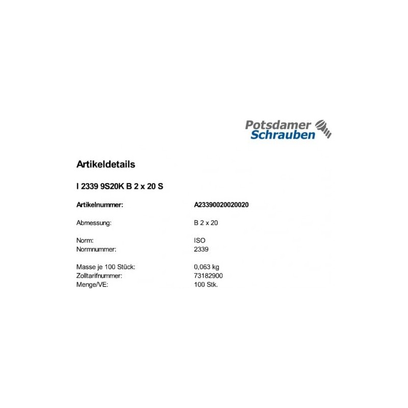 100 Kegelstifte ISO 2339 9S20K B 2x20 Stahl