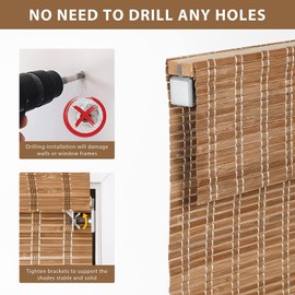 LazBlinds LazBlinds No Tools No Drill Cordless Bamboo Roman Shades, Light Filtering Window Treatment, Roll Up Bamboo Blinds for Window 21' W x 64' H, Brown