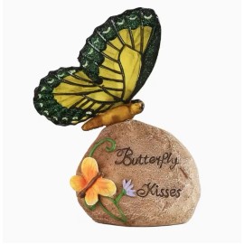 Solar Powered Butterfly on Rock Statue Resin Butterfly Figurine with LED Light for Garden DecorColor: Brown, Size: One Size