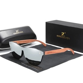 KINGSEVEN Women's Glasses Natural Bubinga Wooden Sunglasses Men Polarized Fashion Sun Glasses Original Wood Oculos de sol (Silver)