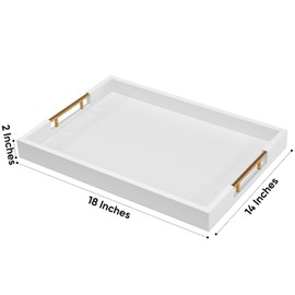 Nitinol Rectangular 18×14 Inch White Wood Ottoman Serving Tray with Metal Handles Decorative Wooden Large Faux Leather Coffee Table Organizer Tray for All Occasions White