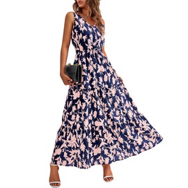 BTFBM Women Summer Dresses Casual Sleeveless Maxi Dresses Cute Floral Long Dress Wedding Guest Dress(Navy Pink Flower,Large)