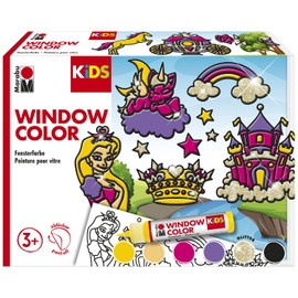 Marabu KiDS 306000000005 - KiDS Window Colour Set "Princess", 6 x 25 ml Water Based Window Paint, 2 Colouring Pages in A3 and A4, 30 Designs, for Children from 3 Years