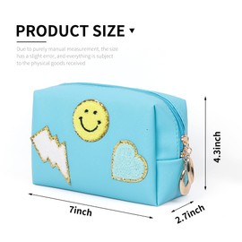 Miss or Miss Preppy Patch Small Toiletry Bag Smile Lightning Heart PU Leather Waterproof Makeup Cosmetic Bag Daily Use Storage Purse Travel Organizer Compliant Bag for Women Girls Gift Teal