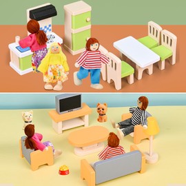 HAPGFS 36PCS Wooden Dollhouse Furniture Set with 4 Flexible Family Dolls - 5 Room Realistic Doll House Accessories for Toddlers 3 4 5 6 , Pretend Play Toys Gift for Birthday and Christmas