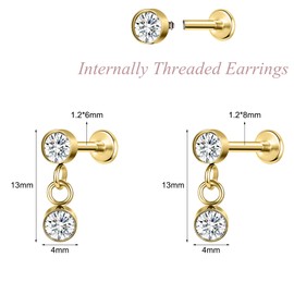 AoedeJ Stainless Steel Flat Back Earrings Internally Threaded Labret Flat Back Nose Stud Silver Screw Back Earrings for Women (Style 2 Gold)