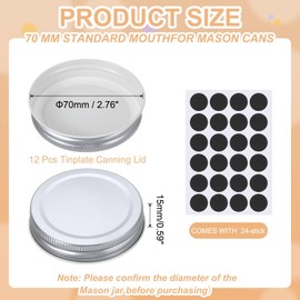 sourcing map 12 Pcs Mason Jar Lids, Colored Tinplate Canning Lids with Label for Regular Mouth Mason Jar for Fermenting Pickling Meal Prep Freezing, Preserving, Silver(70mm)