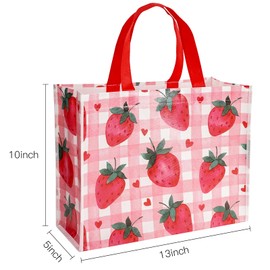Loveinside Starberry Reusable Gift Bag, Sweet Srawberry and Plaid Design Medium Recycled Pink Gift Bag for Girls, Kids, Birthday, Summer, Valentine's Day, Party Favor, 13" x 5" x 10", 1 Pcs