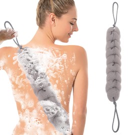Sibba 1 PC Back Scrubber Shower Body Wash Sponge Loofah Bath Large Long Extended Puffs Stick Exfoliating Washing Removable Head Exfoliate Set Pack Mitts Soft Mesh Stretch Braided Strips Brush