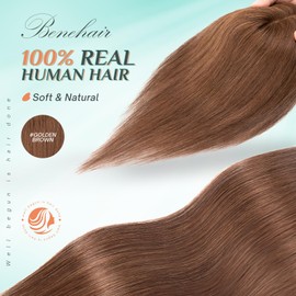 Benehair Hair Toppers for Women Real Human Hair 100% Remy Human Hair Pieces for Women with Thinning Hair 8 * 10cm Lace Silk Base 10 Inch 30g Clip in Hair Extensions Golden Brown