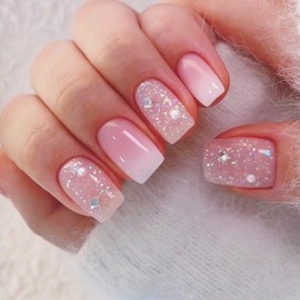 White Ombre Press on Nails Pink Gradient Acrylic Full Cover Fake Nails 24Pcs Rhinestones Gel Glue on Fingernails Glossy Purple Glitter Short Square False Nail Pearl Stick on Nail for Holiday Manicure