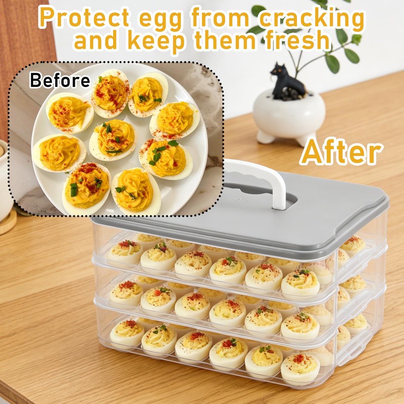 BOUTICOL 3-Layer Deviled Egg Container with Lid and Handle, Clear