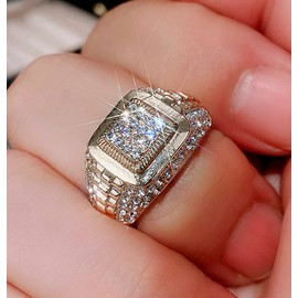 HUUGVBCO Bling Pinky Ring for Men 18K Gold Plated Simulated Diamond Ring Hip Hop Iced Out Men's Gold Ring Size 7-12, Metal, Cubic Zirconia