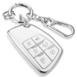 Keyforcover for Buick Key Fob Cover with Durable Metal Keychain, Fashionable Soft Case for Avenir Envision Encore Chevy Suburban Tahoe GMC Yukon Denali Sierra (6 Buttons) (Silver, B2), Silver, B2