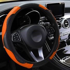 LMYDIDO Car Steering Wheel Cover Leather, Anti-slip Breathable Carbon Fiber Sports Elastic Band Without Inner Ring Steering Wheel Cover Universal Size 37-39cm /14.5-15 (Orange)