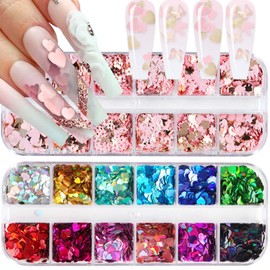 24Grid Heart Nail Art Glitter Sequins Holographic Gold Pink Flower Butterfly Nail Sequins Valentine's Day Nail Flakes Colorful Heart Nail Glitter Nail Accessories for Women Acrylic Nail Decoration