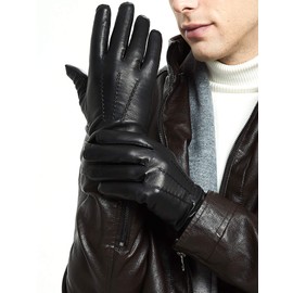 ZLUXURQ Men's Winter Genuine Sheepskin Leather Warm Gloves Cashmere or Wool Lining, Black-4(100% Soft Sheepskin/100% Cashmere)