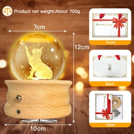 HABOWN Crystal Ball Music Box, 360° Rotating Wooden Music Box with Light, Birthday Gift, Projection Function with Lighting, LED Moon Lamp, Anniversary, Valentine's Day Gift (Cute Cat)