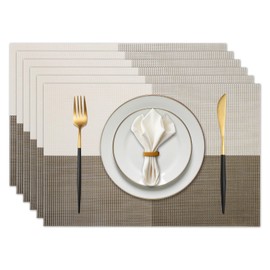 EDanle Vinyl Plastic Placemats Set of 6 Washable Heat Resistant Non-Slip Elegant Indoor&Outdoor Kitchen Dining PVC Woven Table Place Mats (Light Coffee Lattice Block)