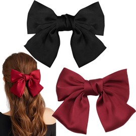 Bow Hair Clip,Hair Bows Barrettes Solid Color,Big Bowknot Hairpin French Hair Clips with Ribbon,Hair Barrette Clips Soft Satin Silky Hair Bows for Women Girls(Black+Red)